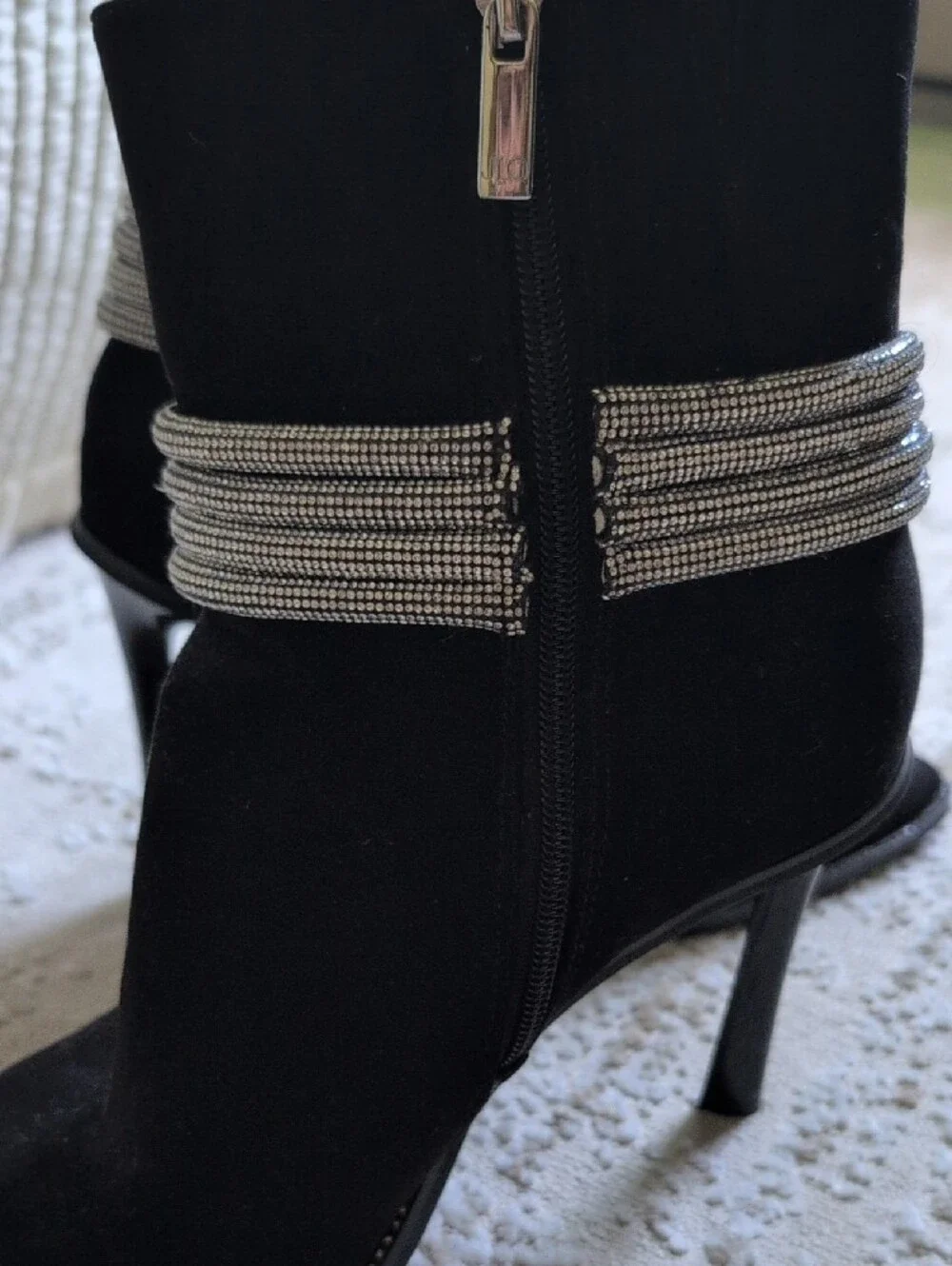 Black Suede Ankle Boots with Rhinestone Strap